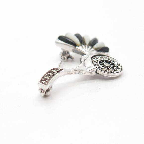 925 Sterling Silver Vintage MOP Black Onyx Marcasite Gem Pram Pin Brooch - Picture 3 of 6